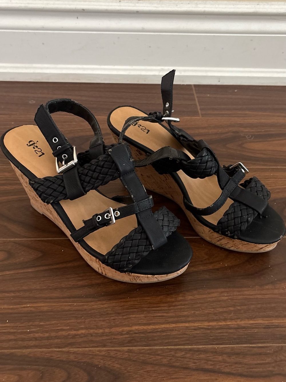 Braided Black Cork Wedge Sandals with Buckle Straps